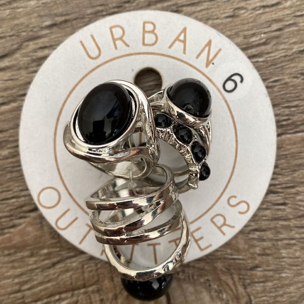 Urban Outfitters Set of Various Silver Tone Boho Stacking Rings w Black Stones